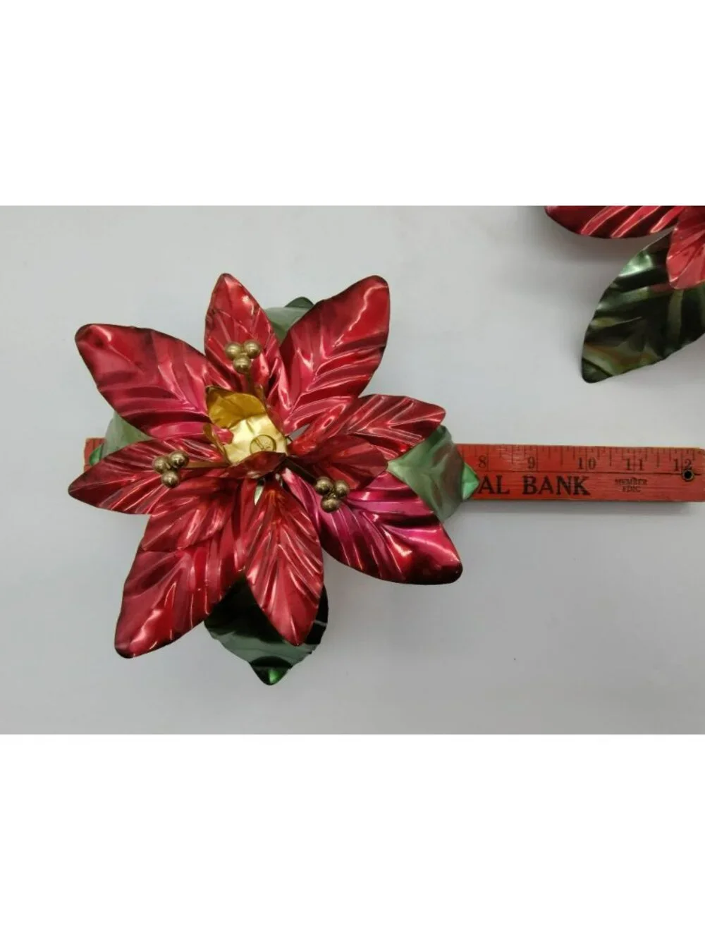 2 Vintage Christmas Taper Candle Holders Shiny metal Poinsettia Flower, Orig Box